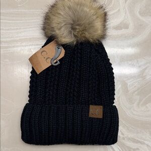 C.C Black Knit Beanie with Faux Fur Pom